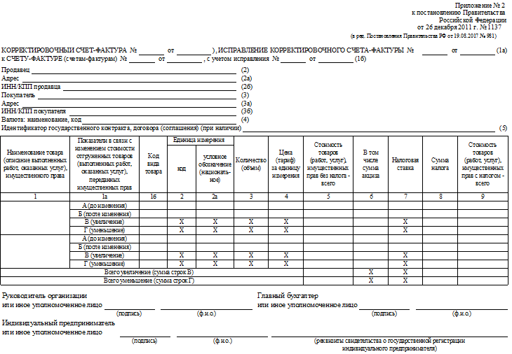 Форма корректировочного счета-фактуры, применяемого при расчетах по налогу на добавленную стоимость