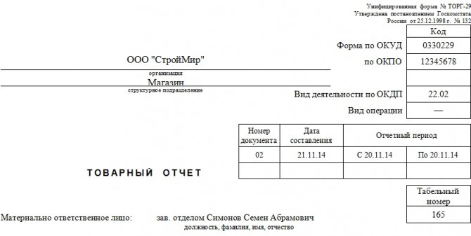 Унифицированная форма № ТОРГ-29 (товарный отчет)